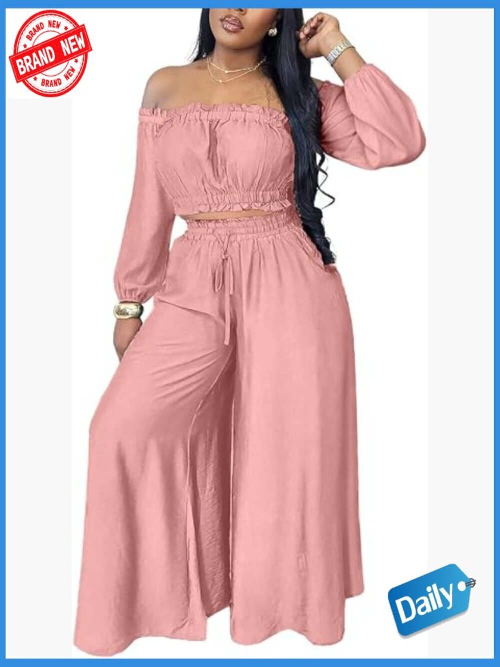 Off Shoulder Crop Top Wide Leg Pants Set 2 Piece Going Out Outfit